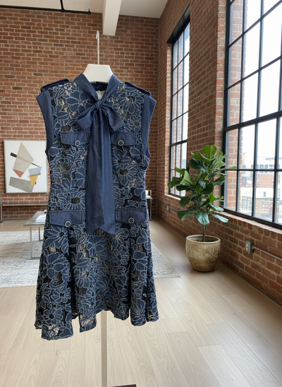 ELPPIS DENIM AND FLORAL LACE DRESS