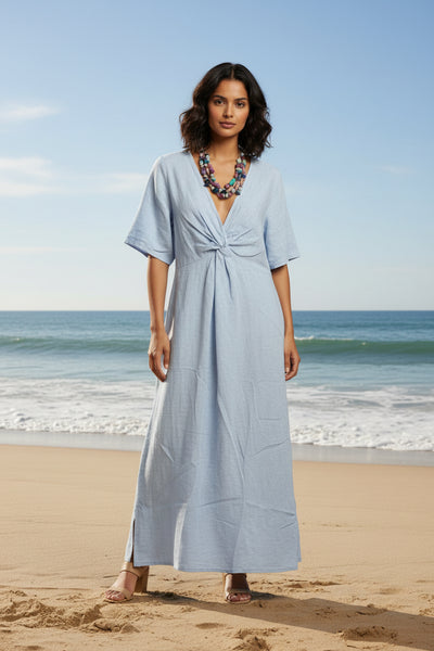 Milio Milano Sky Blue Linen Knot Dress Milio Milano Sky Blue Linen Knot Dress