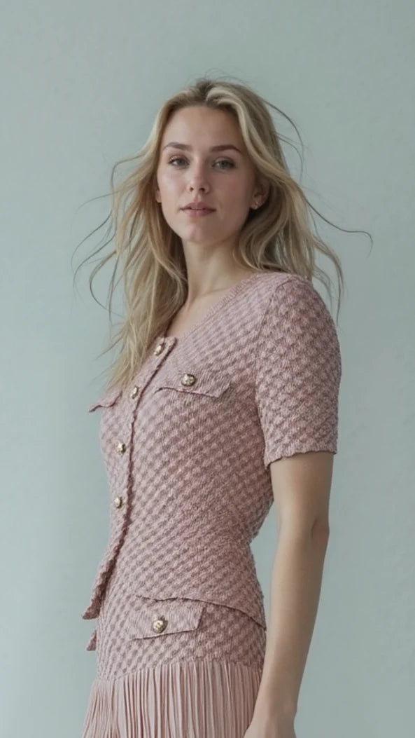 ELLYNDALE pleated Chanel look mock jacket  top with buttons Pink O/S