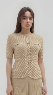 ELLYNDALE Pleated Chanel look mock jacket top with buttons Apricot
