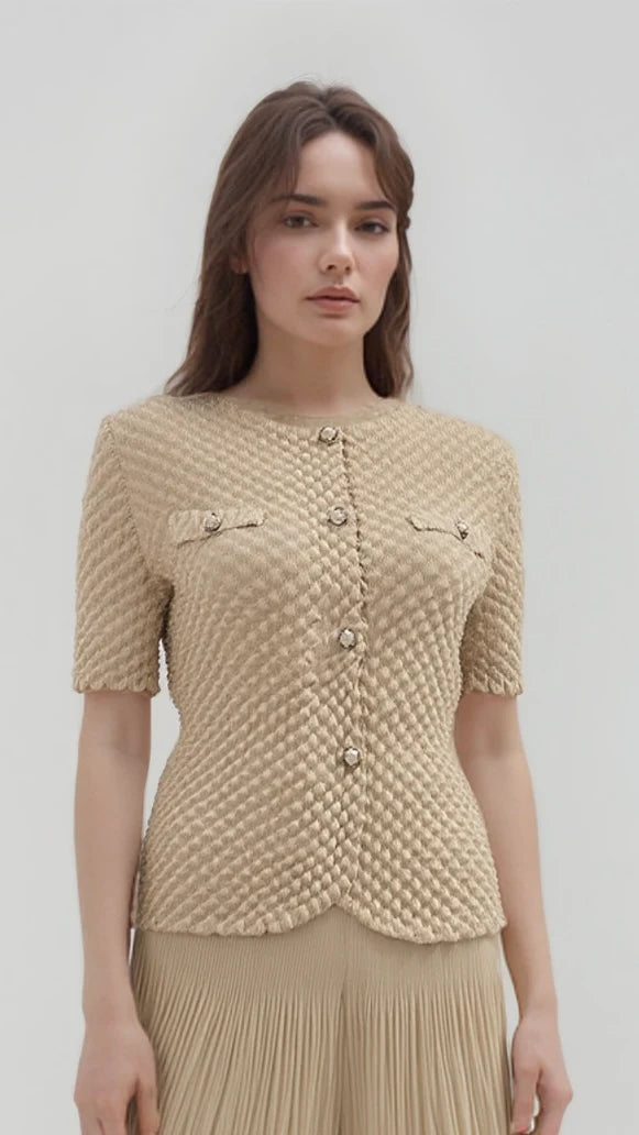 ELLYNDALE Pleated Chanel look mock jacket top with buttons Apricot