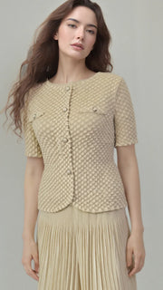 ELLYNDALE Pleated Chanel look mock jacket top with buttons Apricot