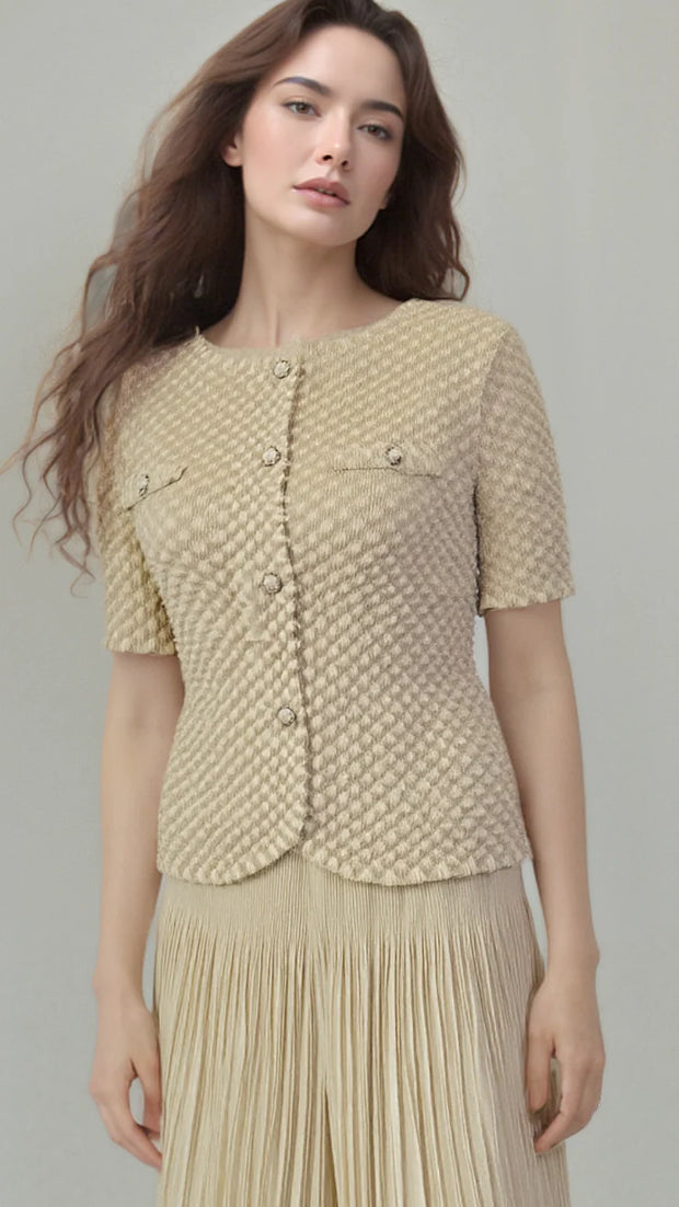 ELLYNDALE Pleated Chanel look mock jacket top with buttons Apricot