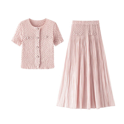ELLYNDALE Pleated Chanel look mock pockets skirt Pink O/S