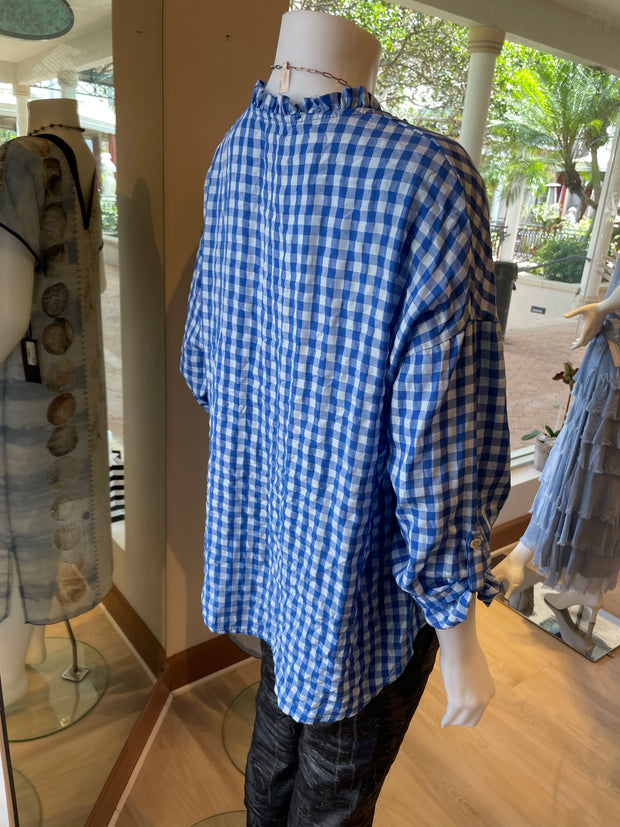 Lookmode Blue and White Check TOP with Tassels