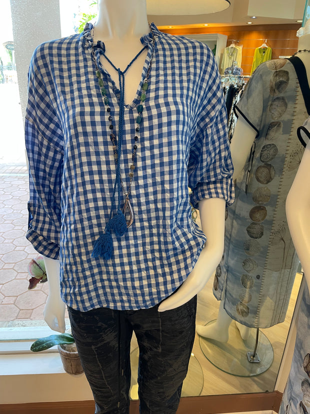 Lookmode Blue and White Check TOP with Tassels