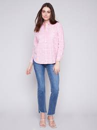 Charlie B Long Sleeve Pink and White Print Blouse