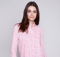 Charlie B Long Sleeve Pink and White Print Blouse