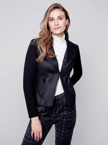 Charlie B Vintage Faux Leather and Rib Knit Jacket
